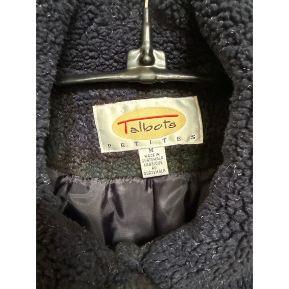 Talbots Navy Blue Hunter Green Checked Fuzzy Shacket‎ Coat Women's Petite Medium - Picture 3 of 5